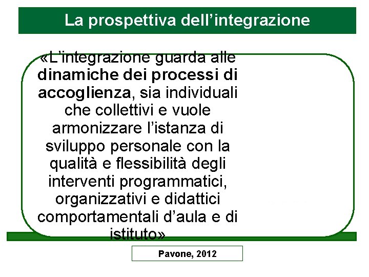 La prospettiva dell’integrazione «L’integrazione guarda alle dinamiche dei processi di accoglienza, sia individuali che