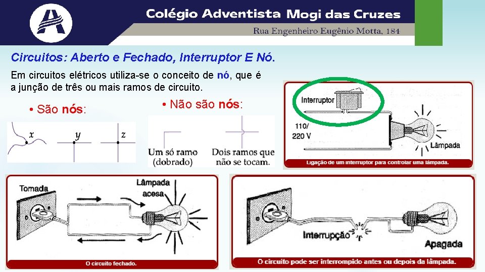 Circuitos: Aberto e Fechado, Interruptor E Nó. Em circuitos elétricos utiliza-se o conceito de