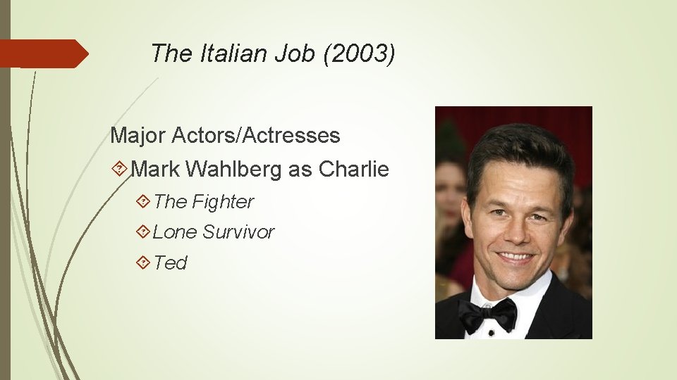 The Italian Job (2003) Major Actors/Actresses Mark Wahlberg as Charlie The Fighter Lone Survivor