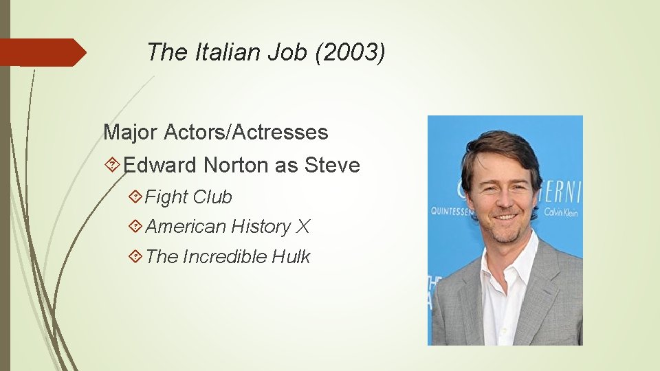 The Italian Job (2003) Major Actors/Actresses Edward Norton as Steve Fight Club American History