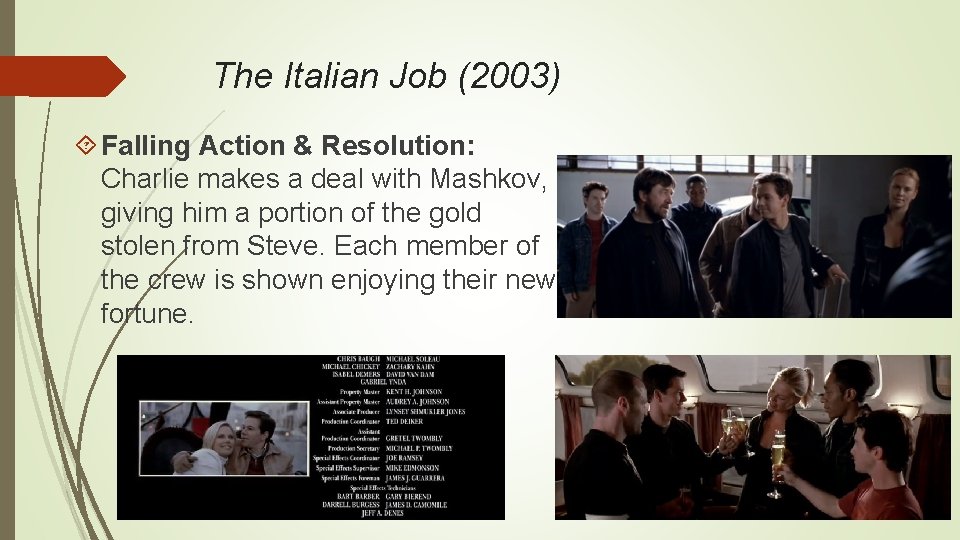 The Italian Job (2003) Falling Action & Resolution: Charlie makes a deal with Mashkov,