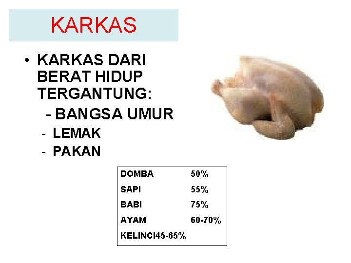 KARKAS • KARKAS DARI BERAT HIDUP TERGANTUNG: - BANGSA UMUR - LEMAK - PAKAN