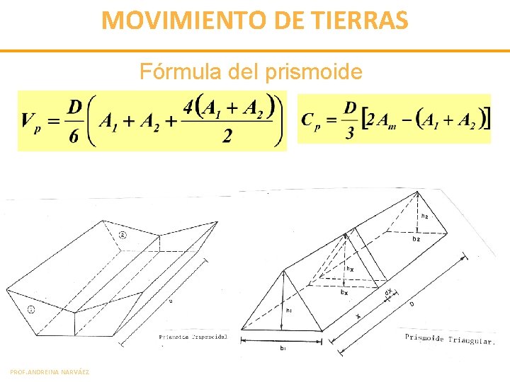 MOVIMIENTO DE TIERRAS Fórmula del prismoide PROF. ANDREINA NARVÁEZ 