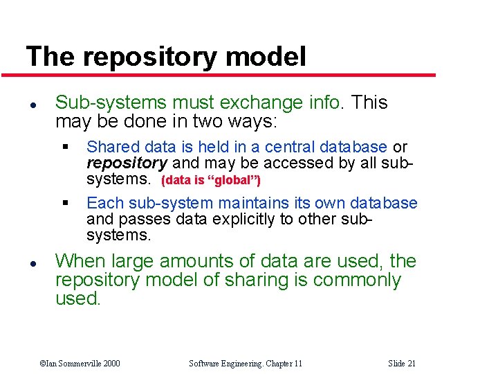 The repository model l Sub-systems must exchange info. This may be done in two