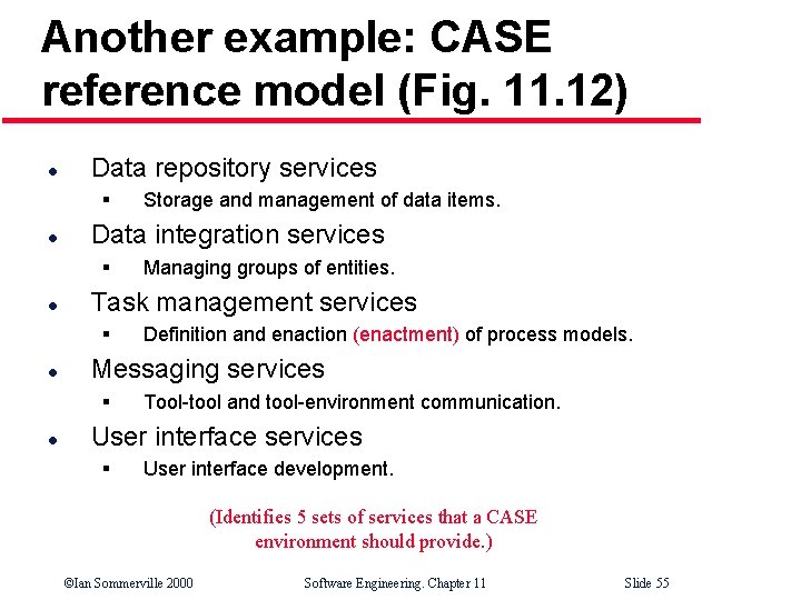 Another example: CASE reference model (Fig. 11. 12) l Data repository services § l