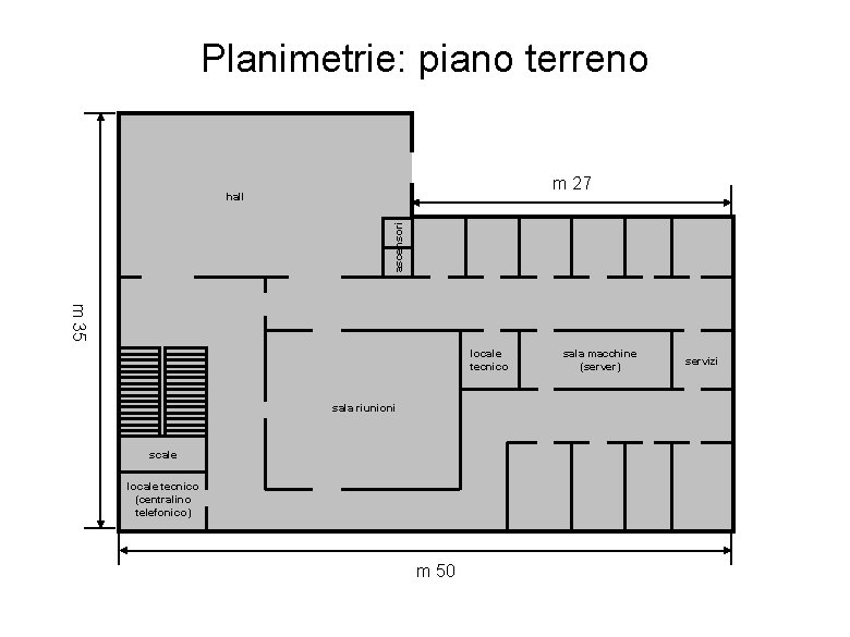 Planimetrie: piano terreno m 27 ascensori hall m 35 locale tecnico sala riunioni scale