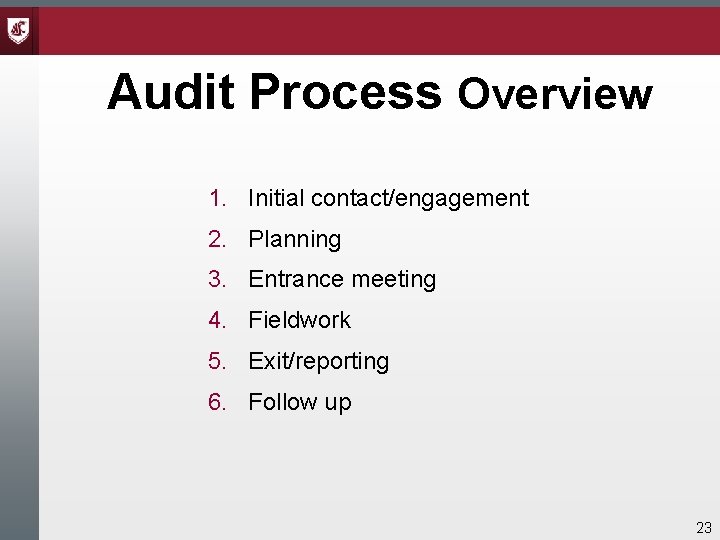 Audit Process Overview 1. Initial contact/engagement 2. Planning 3. Entrance meeting 4. Fieldwork 5. Audit Process Overview 1. Initial contact/engagement 2. Planning 3. Entrance meeting 4. Fieldwork 5.