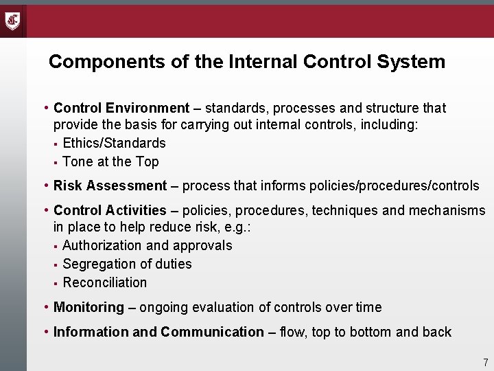Components of the Internal Control System • Control Environment – standards, processes and structure Components of the Internal Control System • Control Environment – standards, processes and structure
