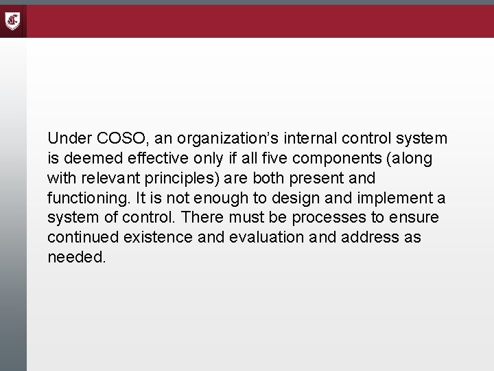 Under COSO, an organization’s internal control system is deemed effective only if all five Under COSO, an organization’s internal control system is deemed effective only if all five
