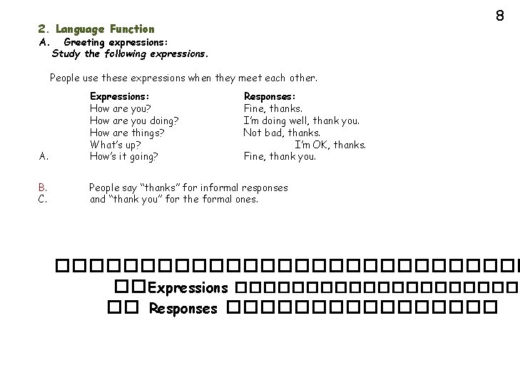 8 2. Language Function A. Greeting expressions: Study the following expressions. People use these