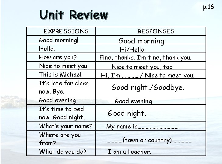 p. 16 Unit Review EXPRESSIONS Good morning! Hello. How are you? Nice to meet