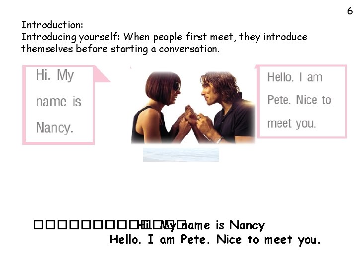 6 Introduction: Introducing yourself: When people first meet, they introduce themselves before starting a