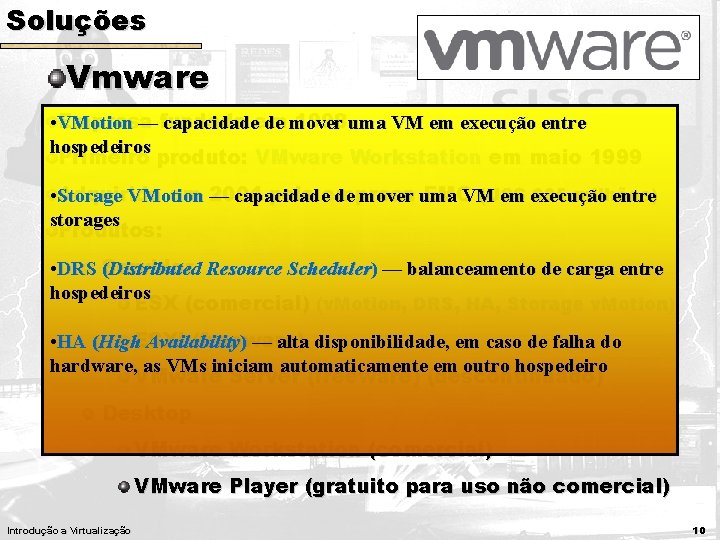 Soluções Vmware Empresa 1998 uma VM em execução entre • VMotion — fundada capacidadeem
