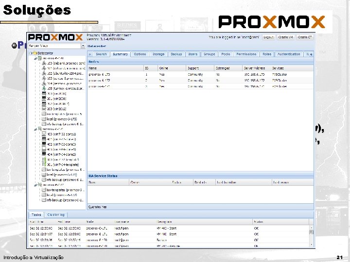 Soluções Proxmox VE (Virtual Environment) Utiliza as soluções Open. VZ e KVM em uma