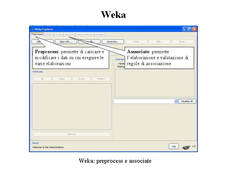 Weka Preprocess: permette di caricare e modificare i dati su cui eseguire le varie