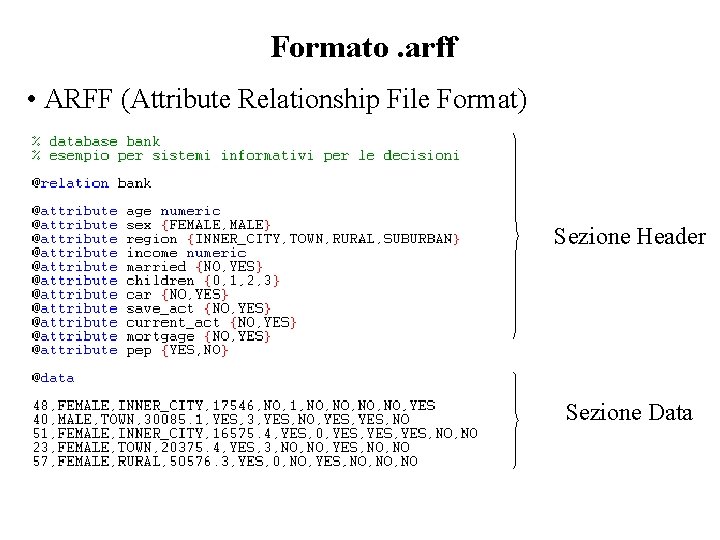 Formato. arff • ARFF (Attribute Relationship File Format) Sezione Header Sezione Data 