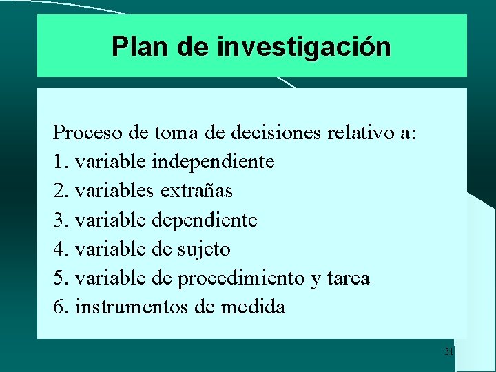 Plan de investigación Proceso de toma de decisiones relativo a: 1. variable independiente 2.