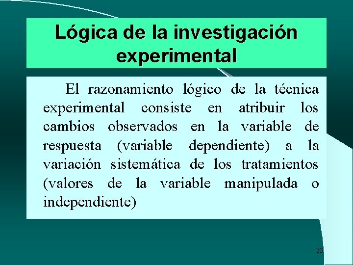 Lógica de la investigación experimental El razonamiento lógico de la técnica experimental consiste en