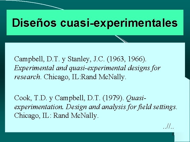 Diseños cuasi-experimentales Campbell, D. T. y Stanley, J. C. (1963, 1966). Experimental and quasi-experimental