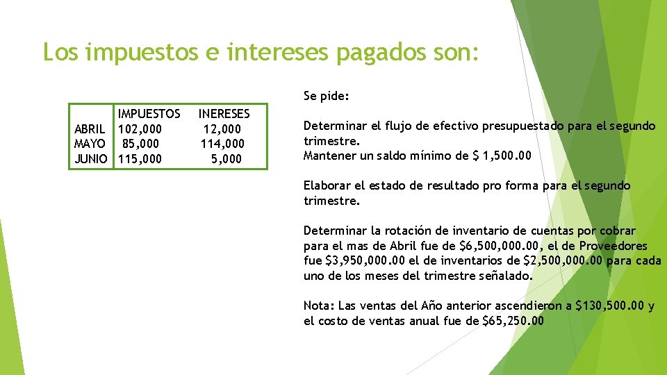 Los impuestos e intereses pagados son: Se pide: IMPUESTOS ABRIL 102, 000 MAYO 85,