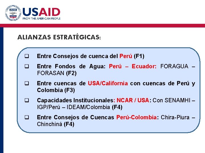 ALIANZAS ESTRATÉGICAS: q Entre Consejos de cuenca del Perú (F 1) q Entre Fondos