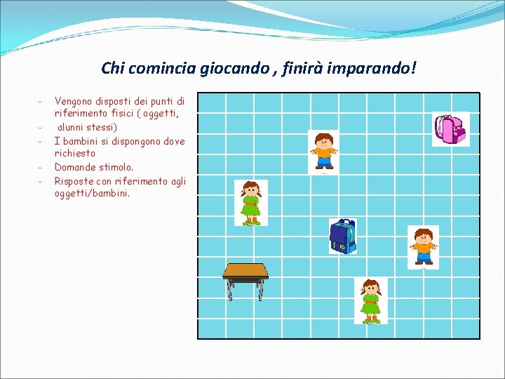 Chi comincia giocando , finirà imparando! - Vengono disposti dei punti di riferimento fisici