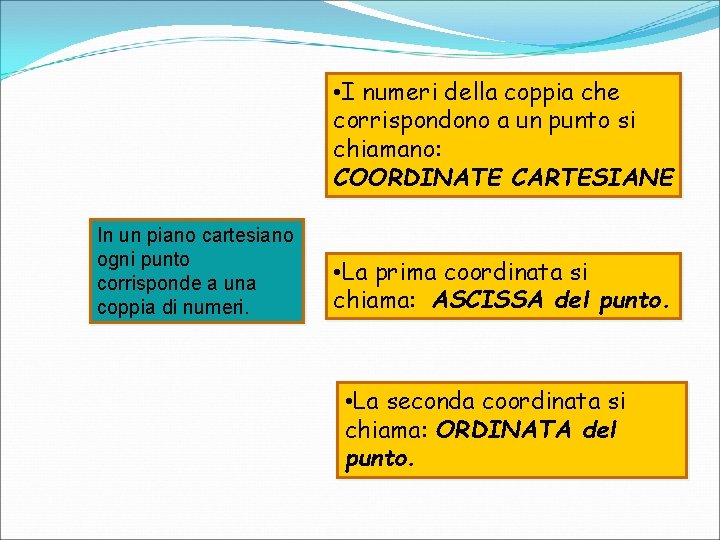  • I numeri della coppia che corrispondono a un punto si chiamano: COORDINATE