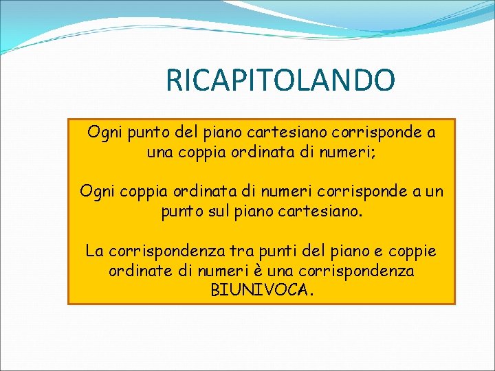 RICAPITOLANDO Ogni punto del piano cartesiano corrisponde a una coppia ordinata di numeri; Ogni