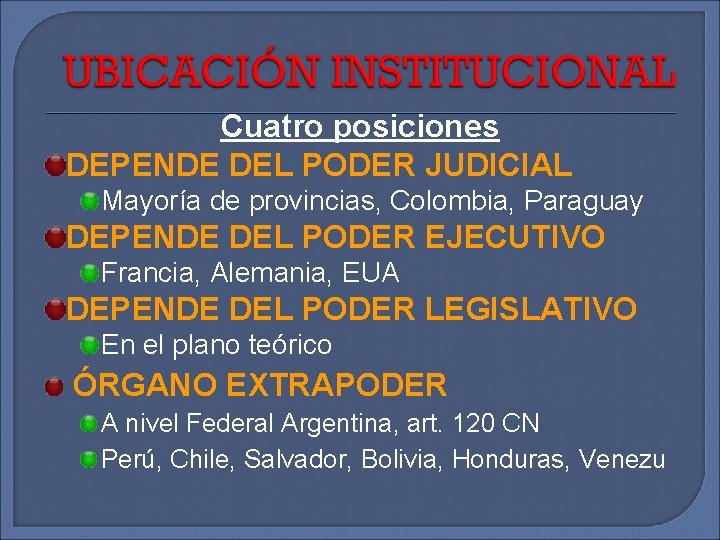 Cuatro posiciones DEPENDE DEL PODER JUDICIAL Mayoría de provincias, Colombia, Paraguay DEPENDE DEL PODER