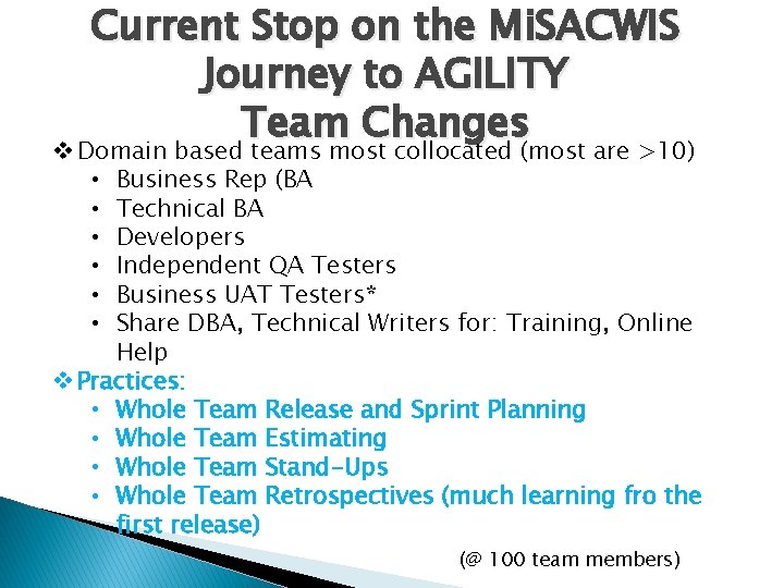 Current Stop on the Mi. SACWIS Journey to AGILITY Team Changes v Domain based