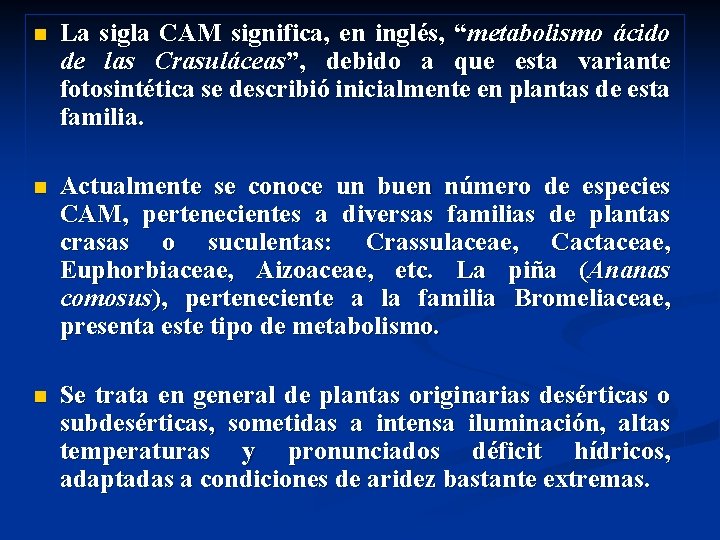 n La sigla CAM significa, en inglés, “metabolismo ácido de las Crasuláceas”, debido a