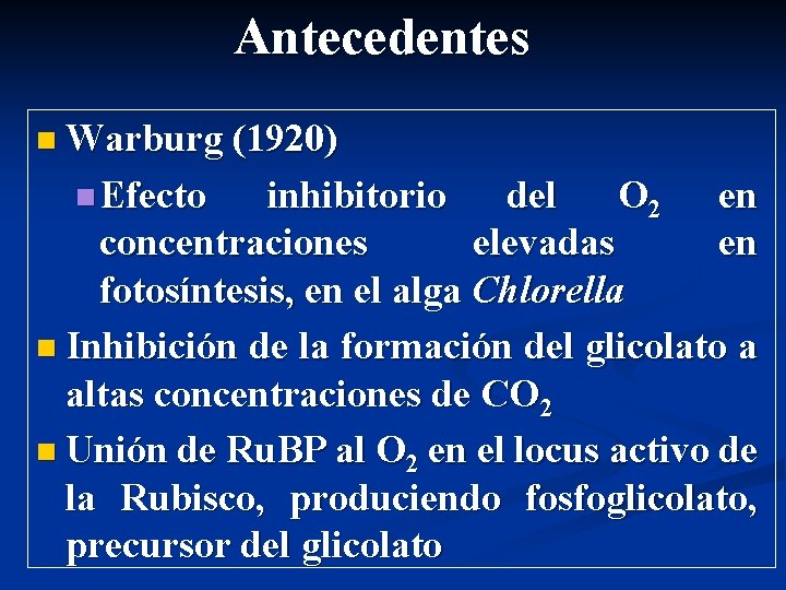 Antecedentes n Warburg (1920) n Efecto inhibitorio del O 2 en concentraciones elevadas en