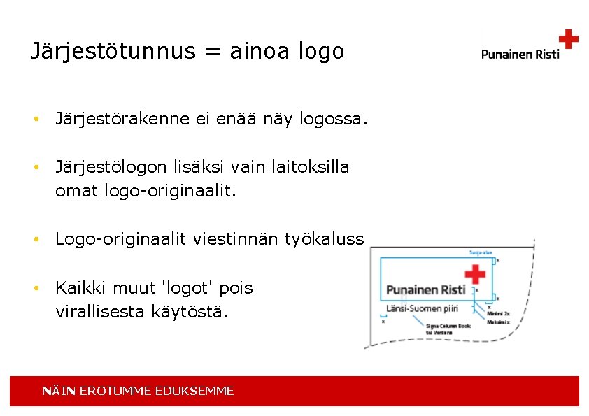 Järjestötunnus = ainoa logo • Järjestörakenne ei enää näy logossa. • Järjestölogon lisäksi vain