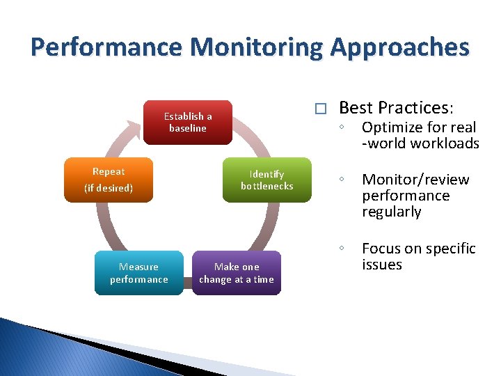 Performance Monitoring Approaches � Establish a baseline Repeat (if desired) Measure performance Identify bottlenecks