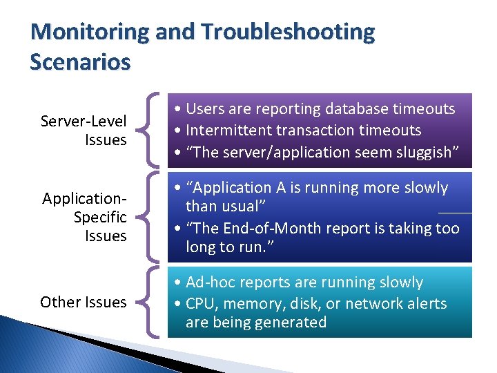 Monitoring and Troubleshooting Scenarios Server-Level Issues • Users are reporting database timeouts • Intermittent