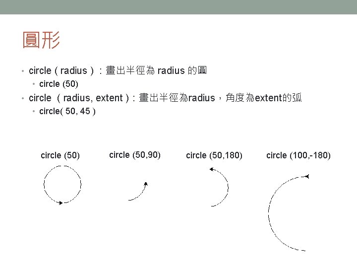 圓形 • circle ( radius ) ：畫出半徑為 radius 的圓 • circle (50) • circle