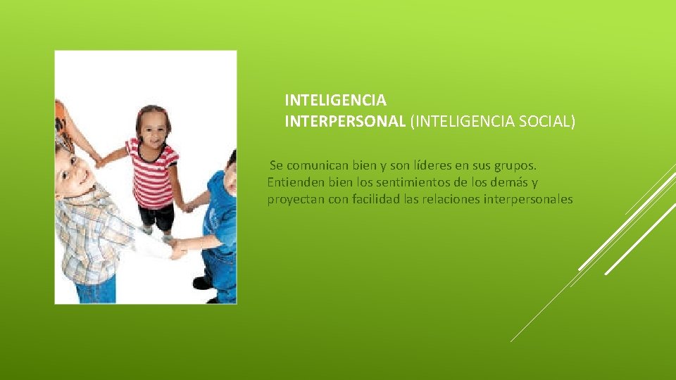 INTELIGENCIA INTERPERSONAL (INTELIGENCIA SOCIAL) Se comunican bien y son líderes en sus grupos. Entienden