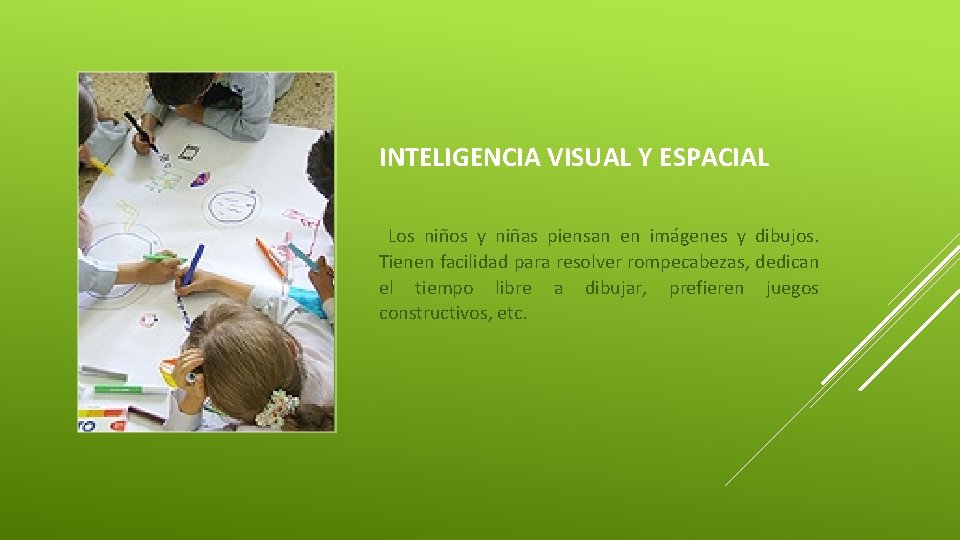INTELIGENCIA VISUAL Y ESPACIAL Los niños y niñas piensan en imágenes y dibujos. Tienen