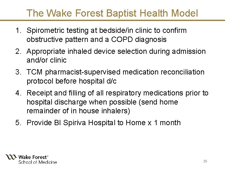The Wake Forest Baptist Health Model 1. Spirometric testing at bedside/in clinic to confirm The Wake Forest Baptist Health Model 1. Spirometric testing at bedside/in clinic to confirm