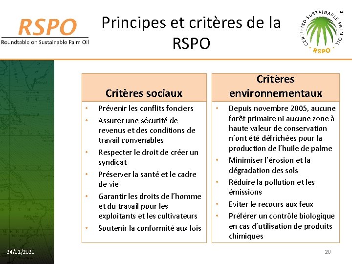 Principes et critères de la RSPO Critères environnementaux Critères sociaux • • • 24/11/2020