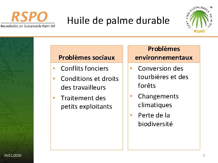 Huile de palme durable Problèmes sociaux • Conflits fonciers • Conditions et droits des