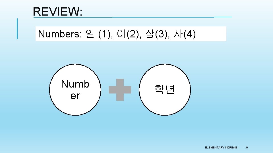 REVIEW: Numbers: 일 (1), 이(2), 삼(3), 사(4) Numb er 학년 ELEMENTARY KOREAN I . REVIEW: Numbers: 일 (1), 이(2), 삼(3), 사(4) Numb er 학년 ELEMENTARY KOREAN I .