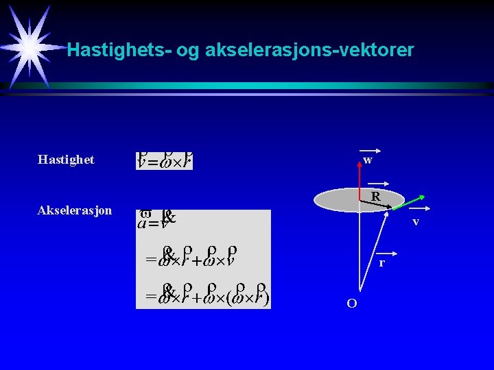 Hastighets- og akselerasjons-vektorer Hastighet w R Akselerasjon v r O 