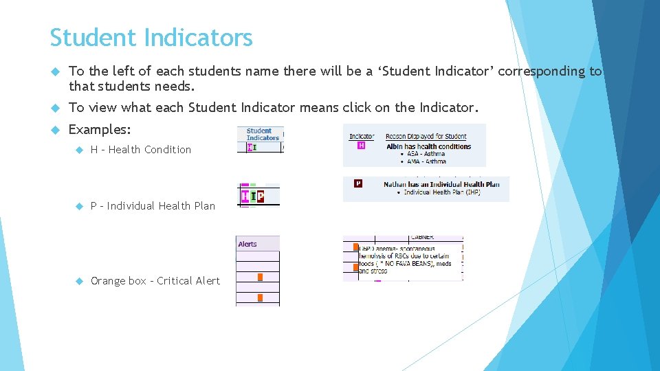 Student Indicators To the left of each students name there will be a ‘Student