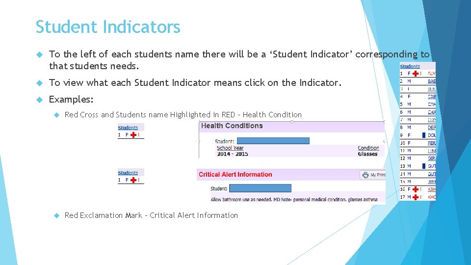 Student Indicators To the left of each students name there will be a ‘Student