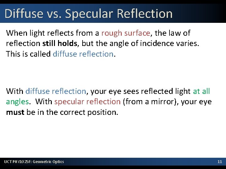 Diffuse vs. Specular Reflection When light reflects from a rough surface, the law of