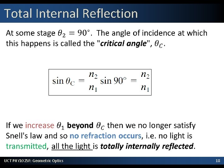 Total Internal Reflection • UCT PHY 1025 F: Geometric Optics 18 