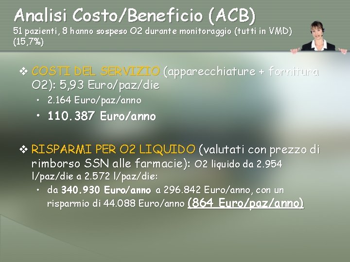 Analisi Costo/Beneficio (ACB) 51 pazienti, 8 hanno sospeso O 2 durante monitoraggio (tutti in