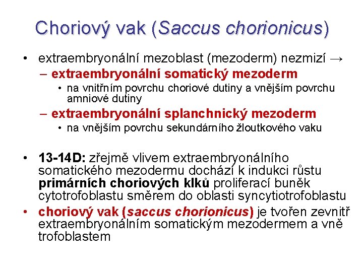 Choriový vak (Saccus chorionicus) • extraembryonální mezoblast (mezoderm) nezmizí → – extraembryonální somatický mezoderm