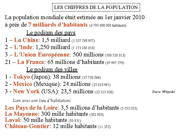 LES CHIFFRES DE LA POPULATION La population mondiale était estimée au 1 er janvier